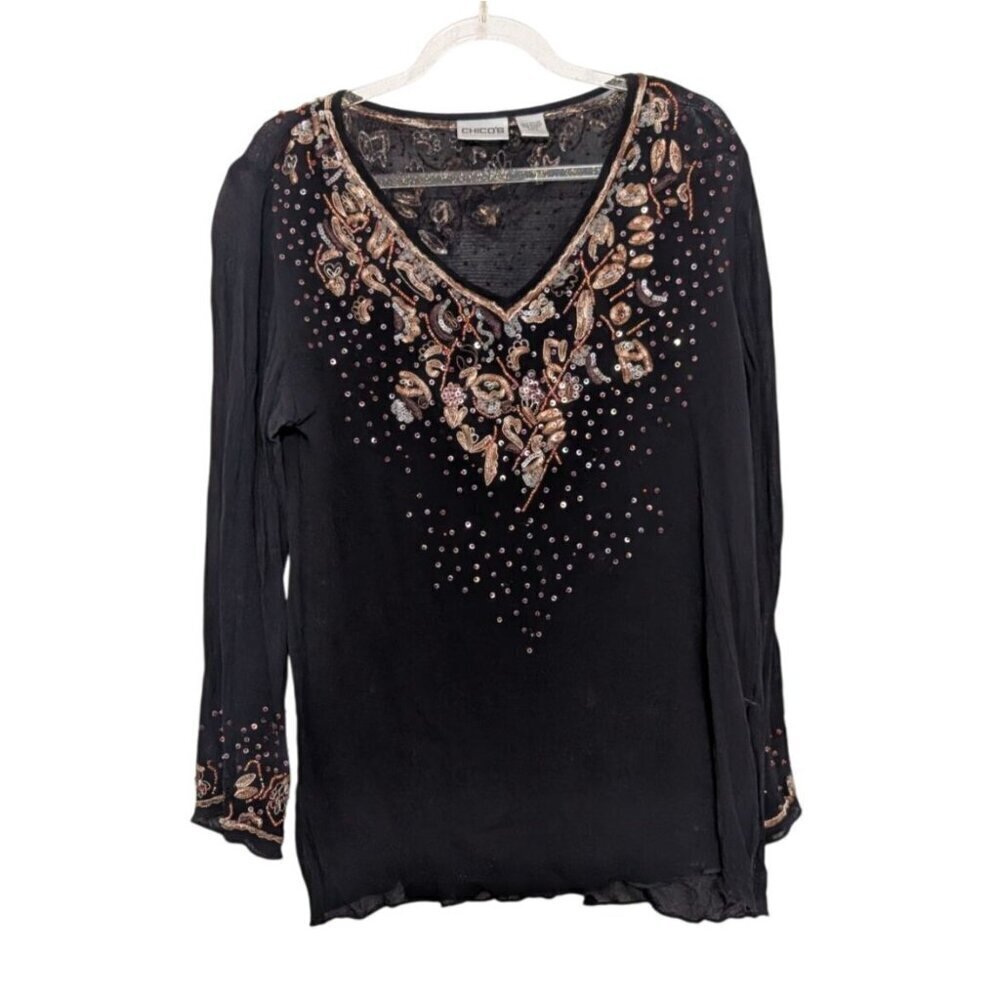 Chicos 2 Beaded Sequin Sheer Shirt Womens Size Medium Black Embellished Rayon